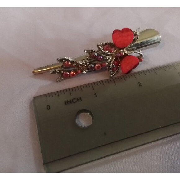 Vintage Red Heart Butterfly & Rhinestone Metal Hair Clip Barrette - Picture 2 of 3